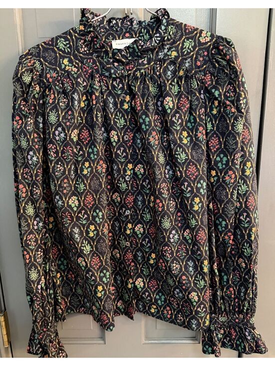 Entro Tops - Women's Entro Navy & Multicolor Floral Print Ruffle Long Sleeve Blouse Sz M